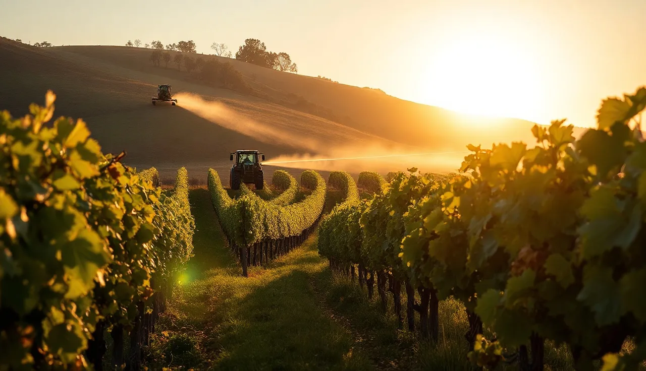 Vineyard worker on tractor spraying fungicide between grapevine rows at sunrise