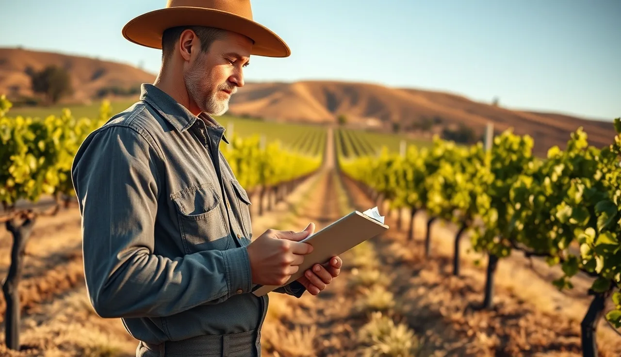 Vineyard manager reviewing compliance checklist in a California vine row at dawn