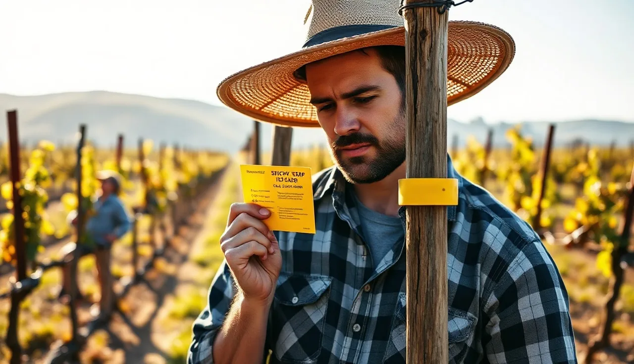 Vineyard worker inspecting a yellow GWSS sticky trap on a grapevine stake
