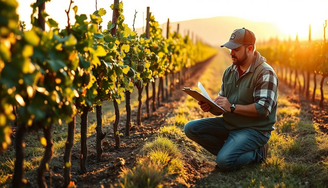 Vineyard manager reviewing field notes beside grapevine rows at dawn