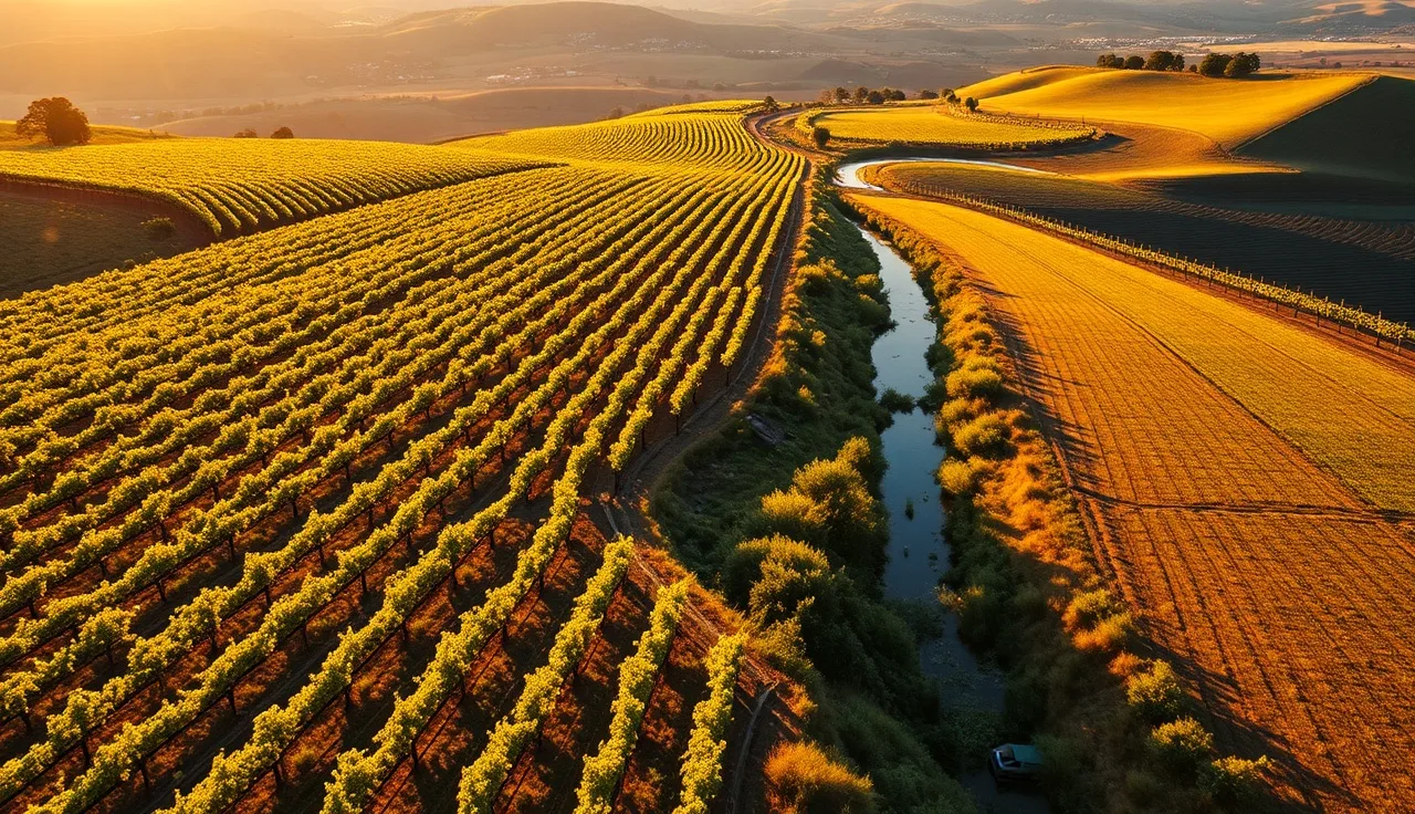 California vineyard rows with cover crops and a riparian buffer strip along a creek