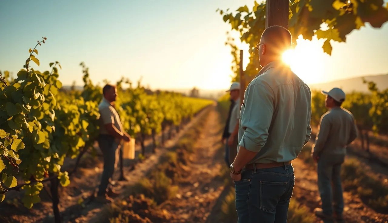 Vineyard trainer explaining pesticide safety requirements to workers in a vine row