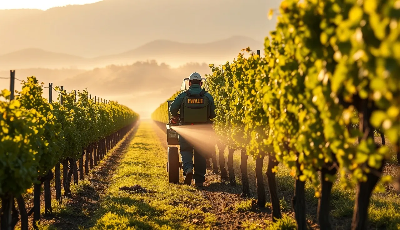 Airblast sprayer applying spray between vineyard rows during morning light