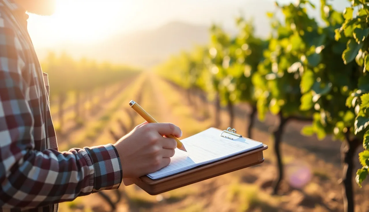 Vineyard worker correcting a handwritten pesticide application record in a field logbook