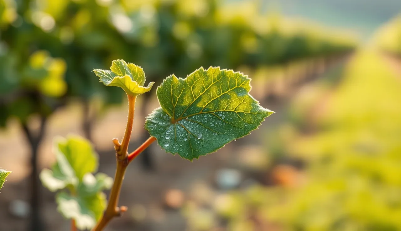 Grapevine shoot with small mottled young leaves showing zinc deficiency symptoms