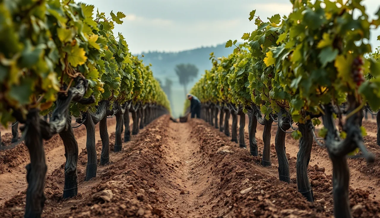 Worker removing aging grapevine from hillside vineyard block at dawn