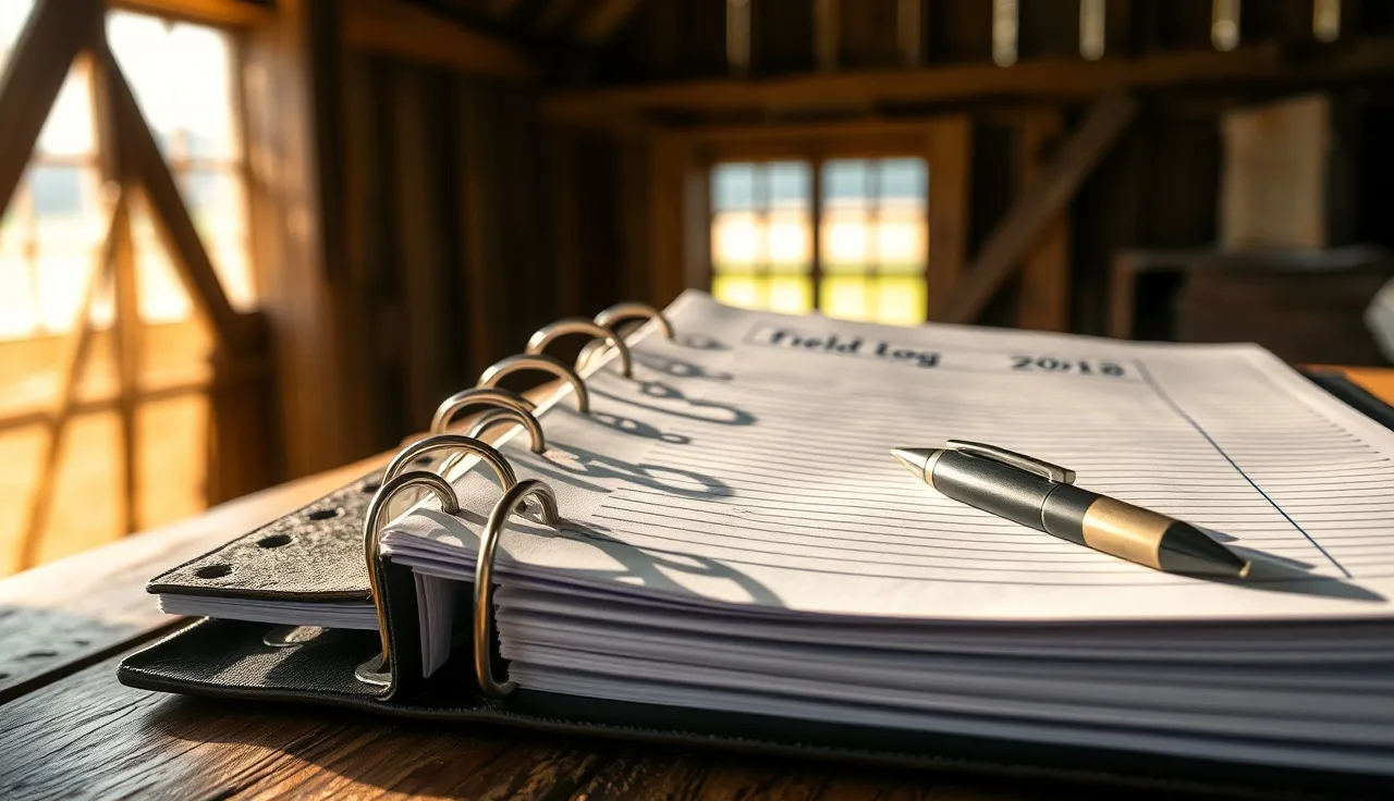 Open vineyard compliance binder on a farm desk with tabbed record sections
