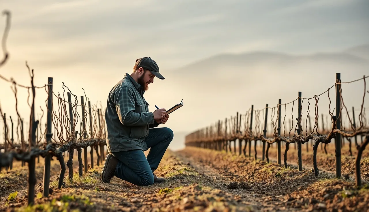 Vineyard manager writing spray records on a clipboard between grapevine rows at dawn