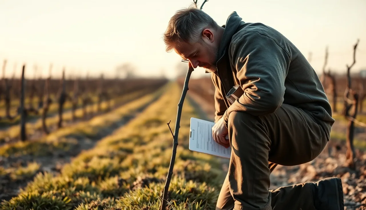 Vineyard manager reviewing block records at a dormant vine row end in morning light