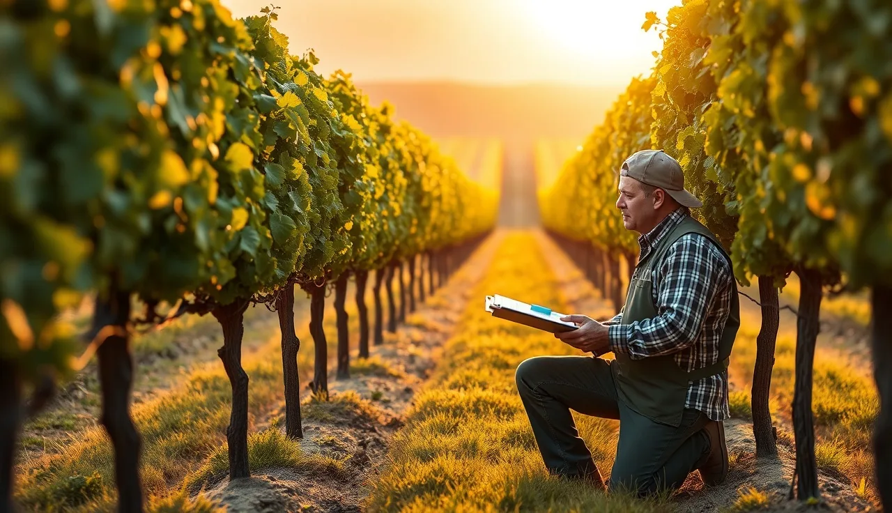Vineyard manager reviewing block records among trellised grapevine rows at golden hour