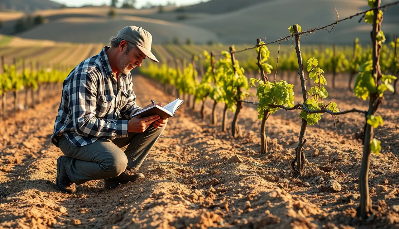 Vineyard worker documenting new vine plantings in a field notebook at dusk