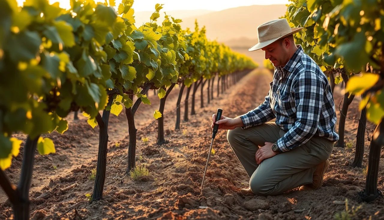 Vineyard worker taking soil temperature reading between grapevine rows at dawn