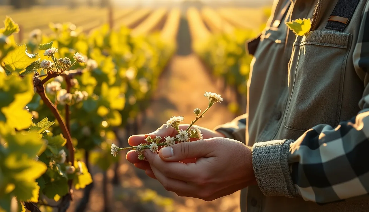 Vineyard worker counting flower clusters on grapevines at full bloom for yield forecasting