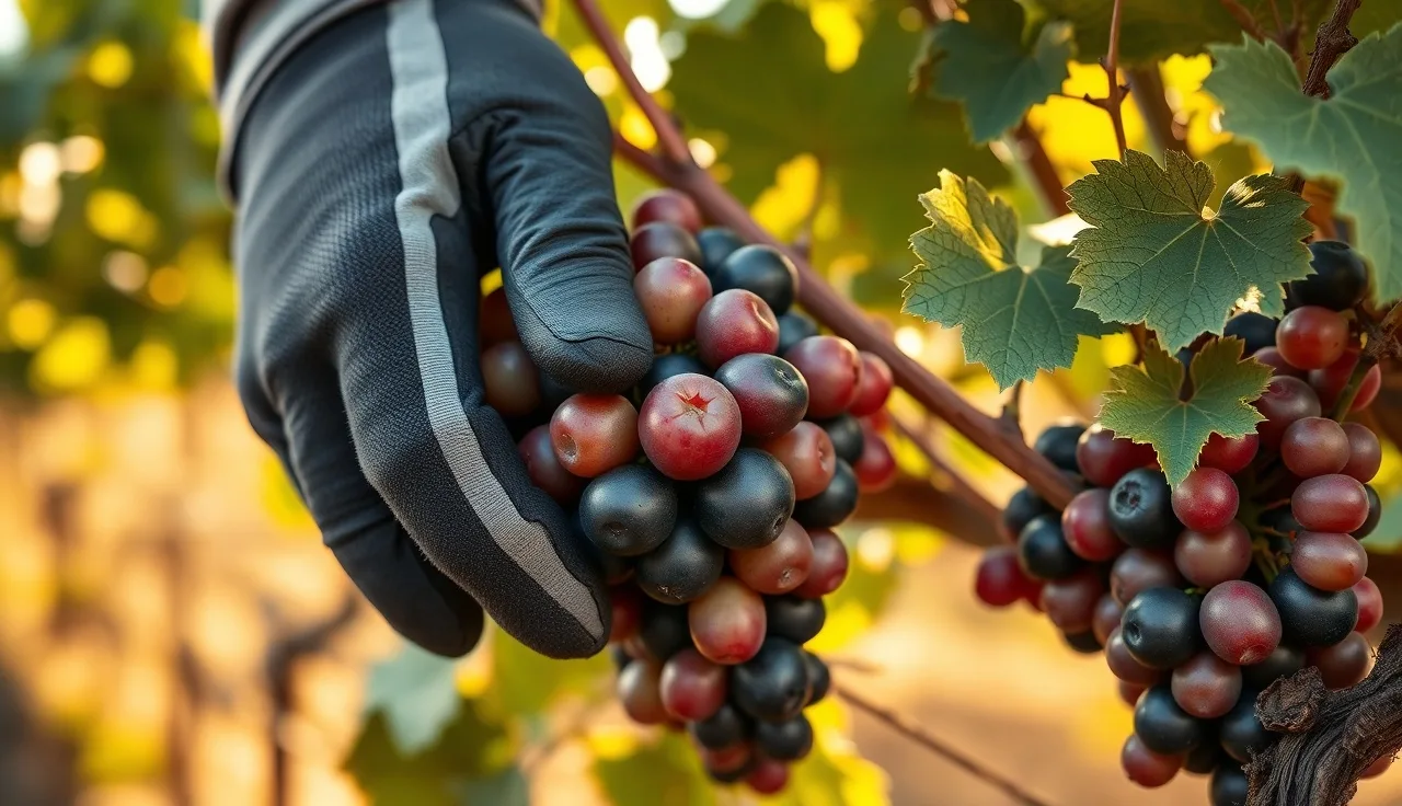 Vineyard worker examining Pinot Noir clusters for Botrytis signs at veraison