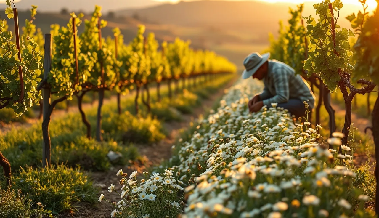 Farm worker observing honeybees foraging on cover crop between vineyard rows at dawn