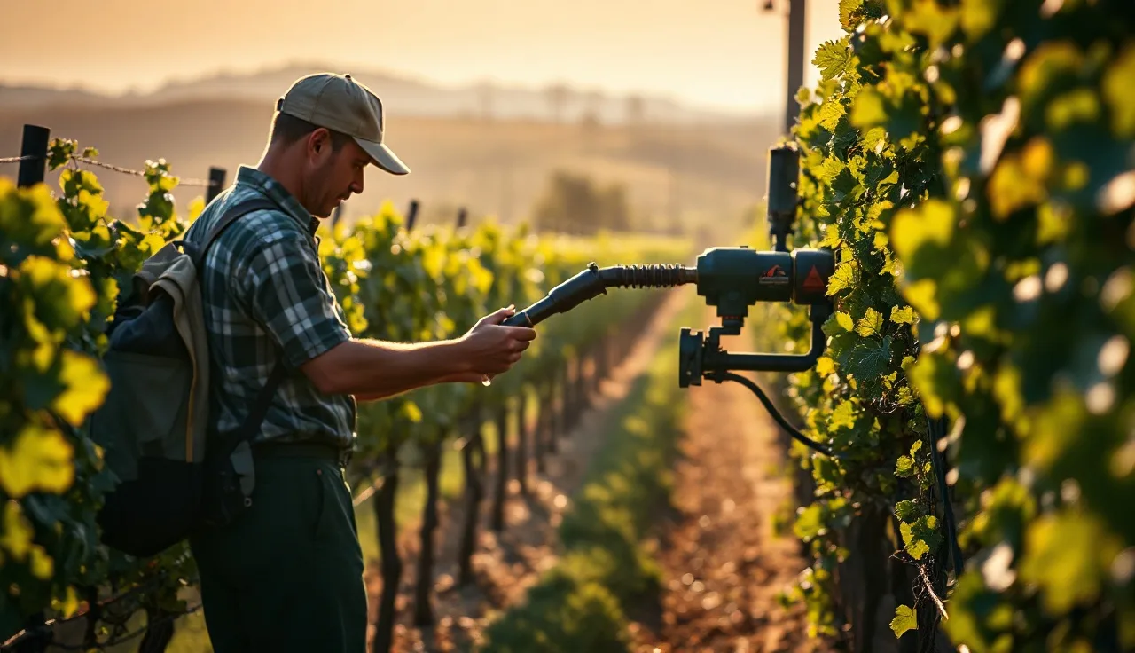 Vineyard worker adjusting a drift-reducing nozzle on an airblast sprayer at dawn