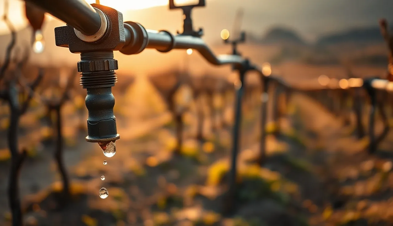 Vineyard drip irrigation header with water droplets, rows of grapevines behind at dawn