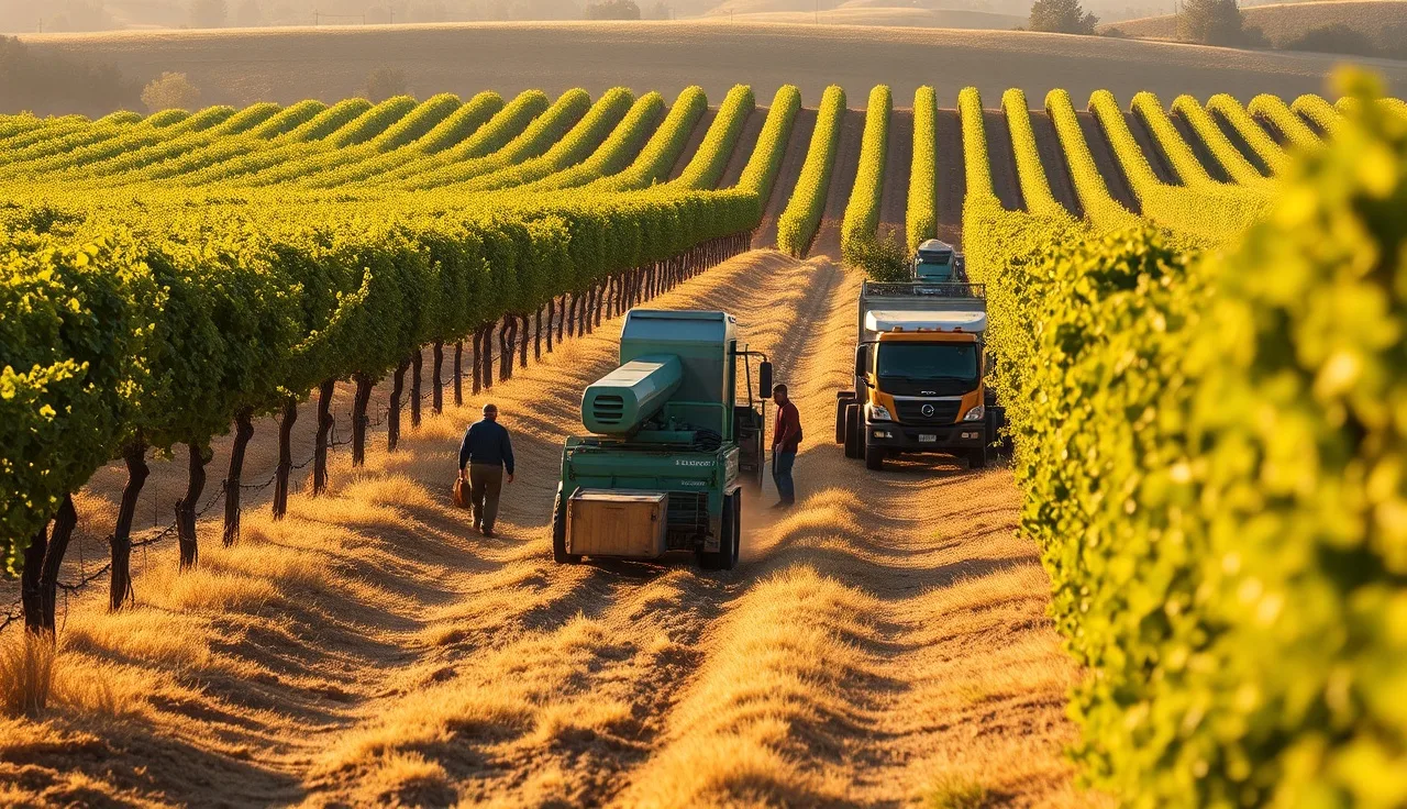 Portable crusher and gondola truck at vineyard row end during harvest morning