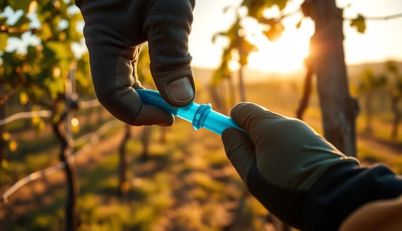 Gloved hand holding broken plastic irrigation fragment found during vineyard row inspection