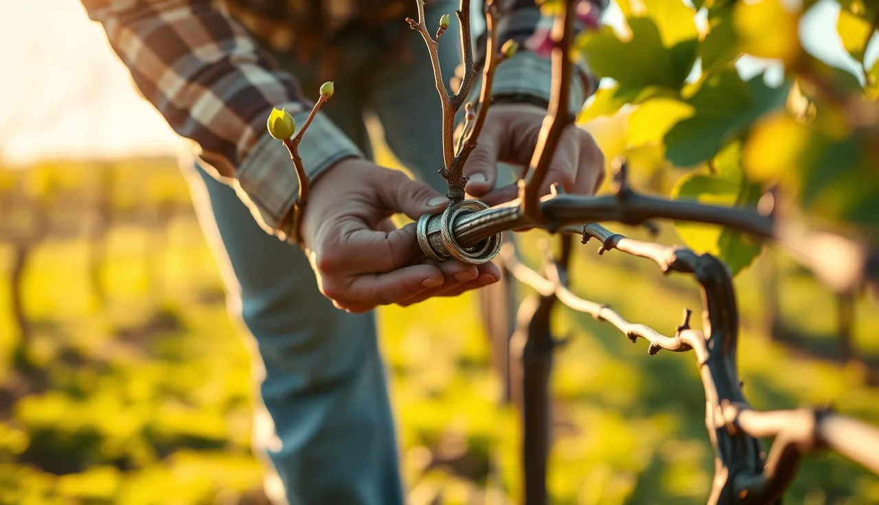 Vineyard worker wrapping a fresh graft union on a dormant vine in a vineyard row