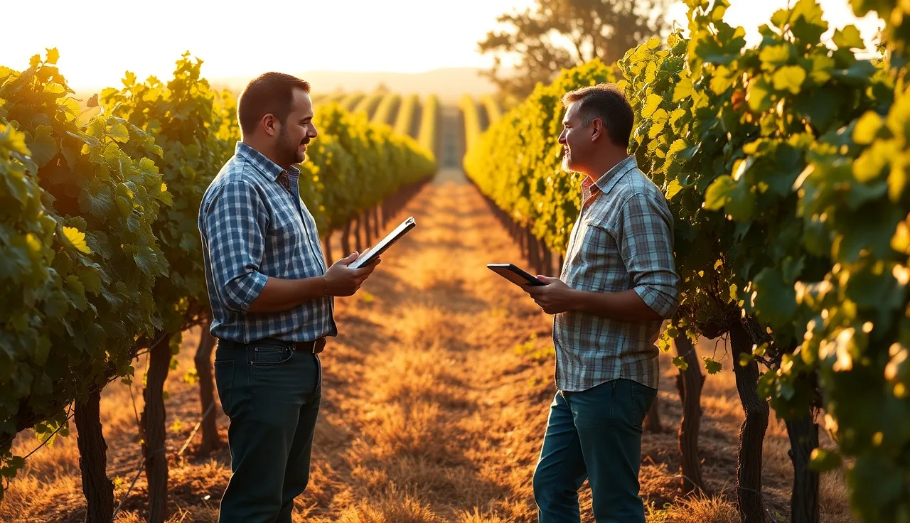 Vineyard manager and winery buyer reviewing documents between grape vine rows at harvest