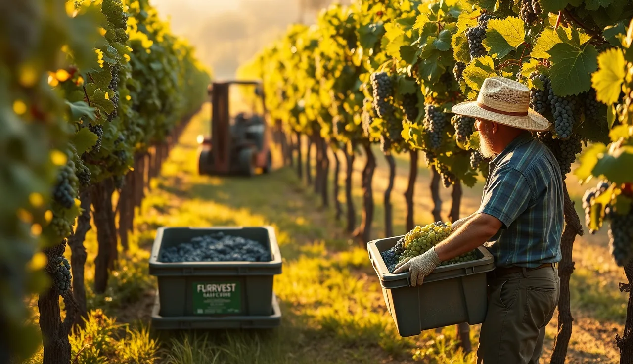 Harvest worker sorting grape bins in a vineyard at dawn during compliance documentation