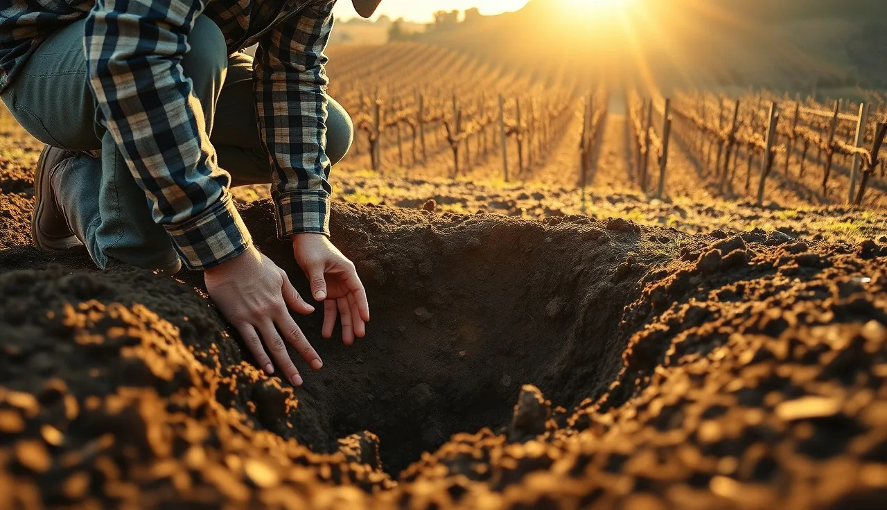 Vineyard manager examining a soil test pit horizon during a site assessment