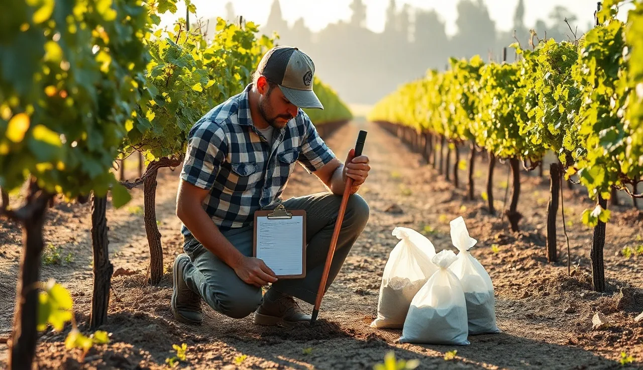 Vineyard worker collecting soil core sample between vine rows for nutrient management testing
