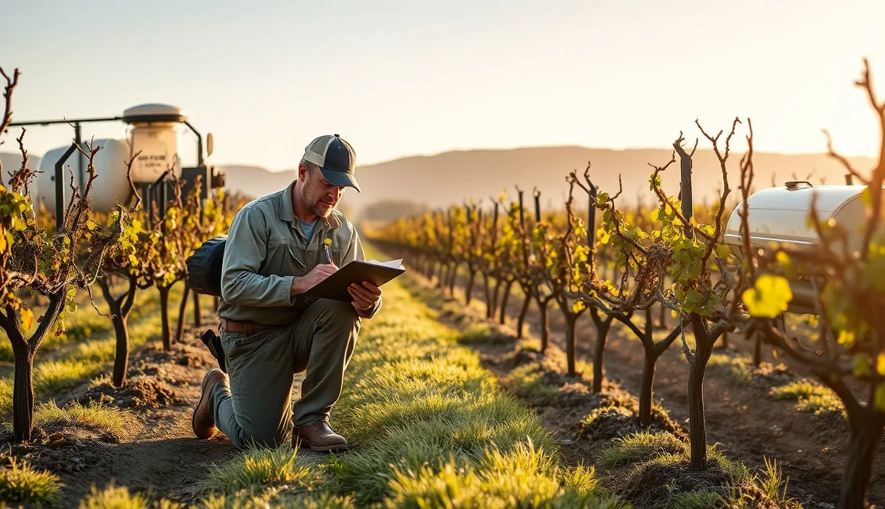 Vineyard manager documenting a pesticide application error beside a sprayer in a grape block