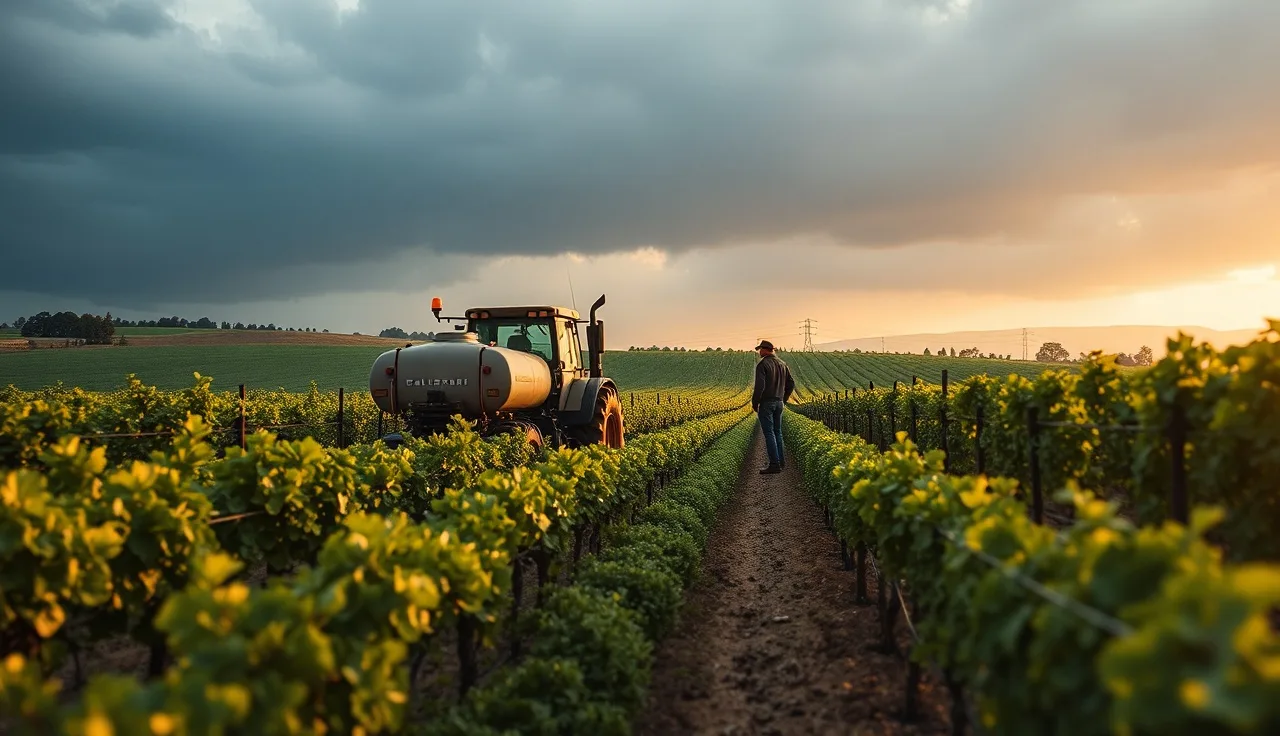 Vineyard sprayer stopped mid-row as storm clouds approach during pesticide application