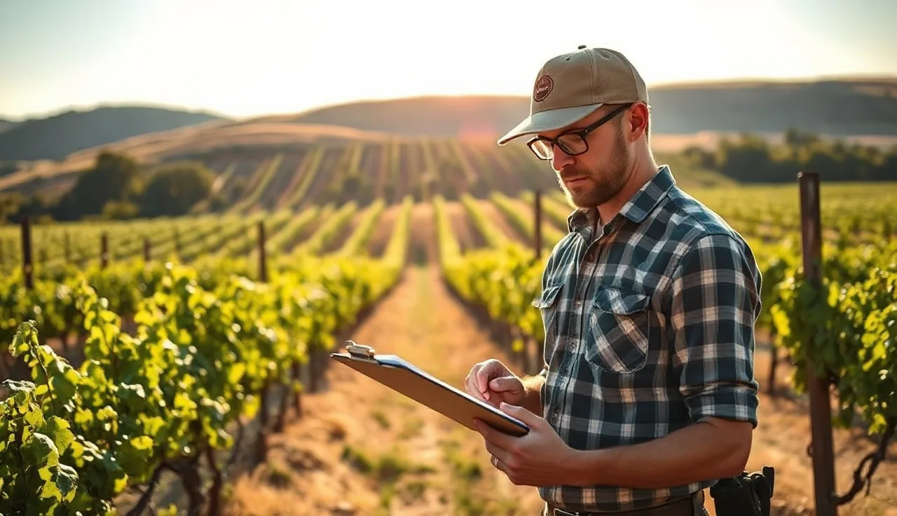 Vineyard manager recording pesticide application details in a vineyard block at sunset