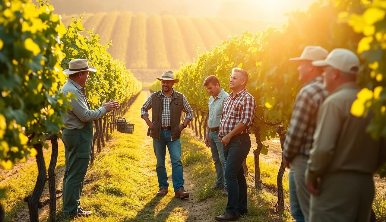 Vineyard manager conducting pesticide safety training with workers among vine rows