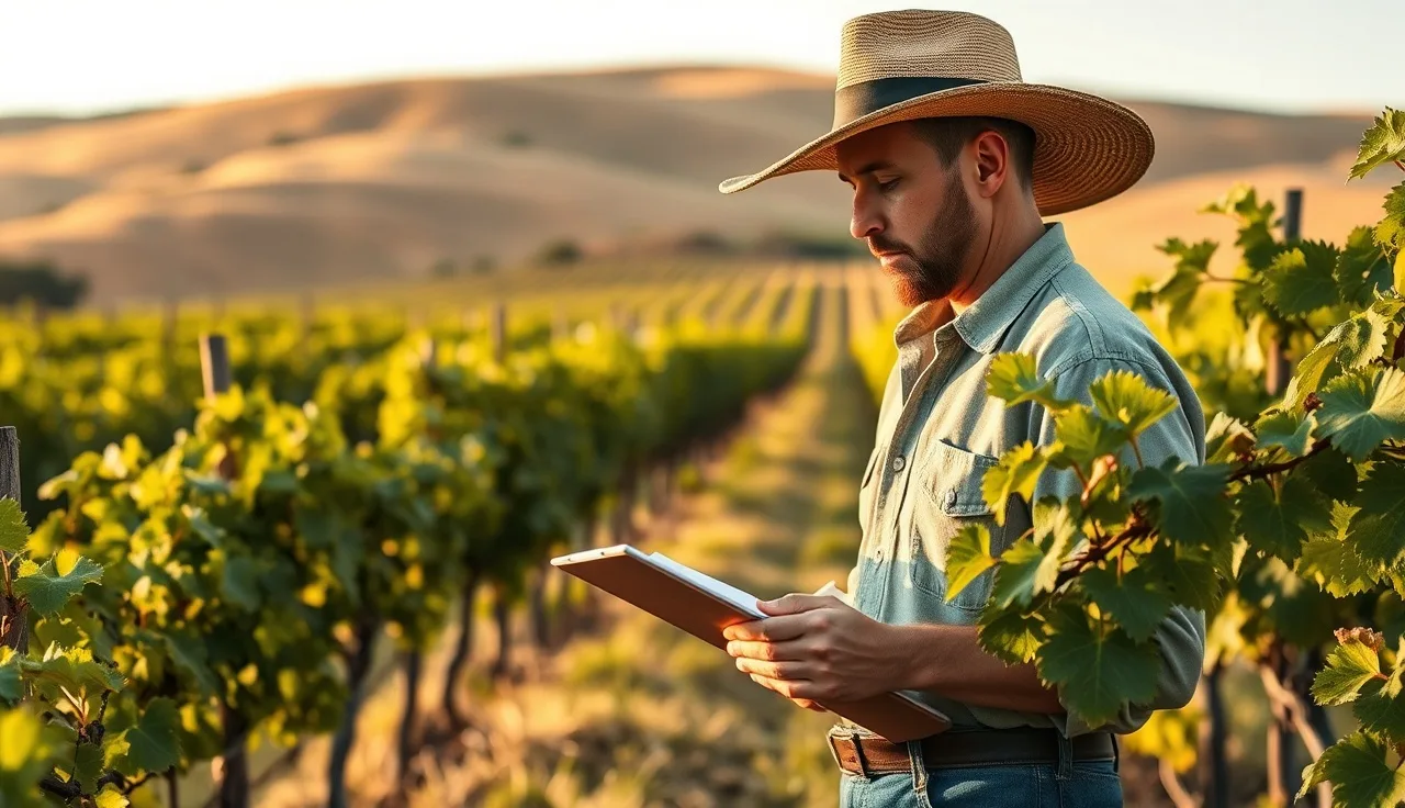 Vineyard worker inspecting grapevines while holding a clipboard during harvest season