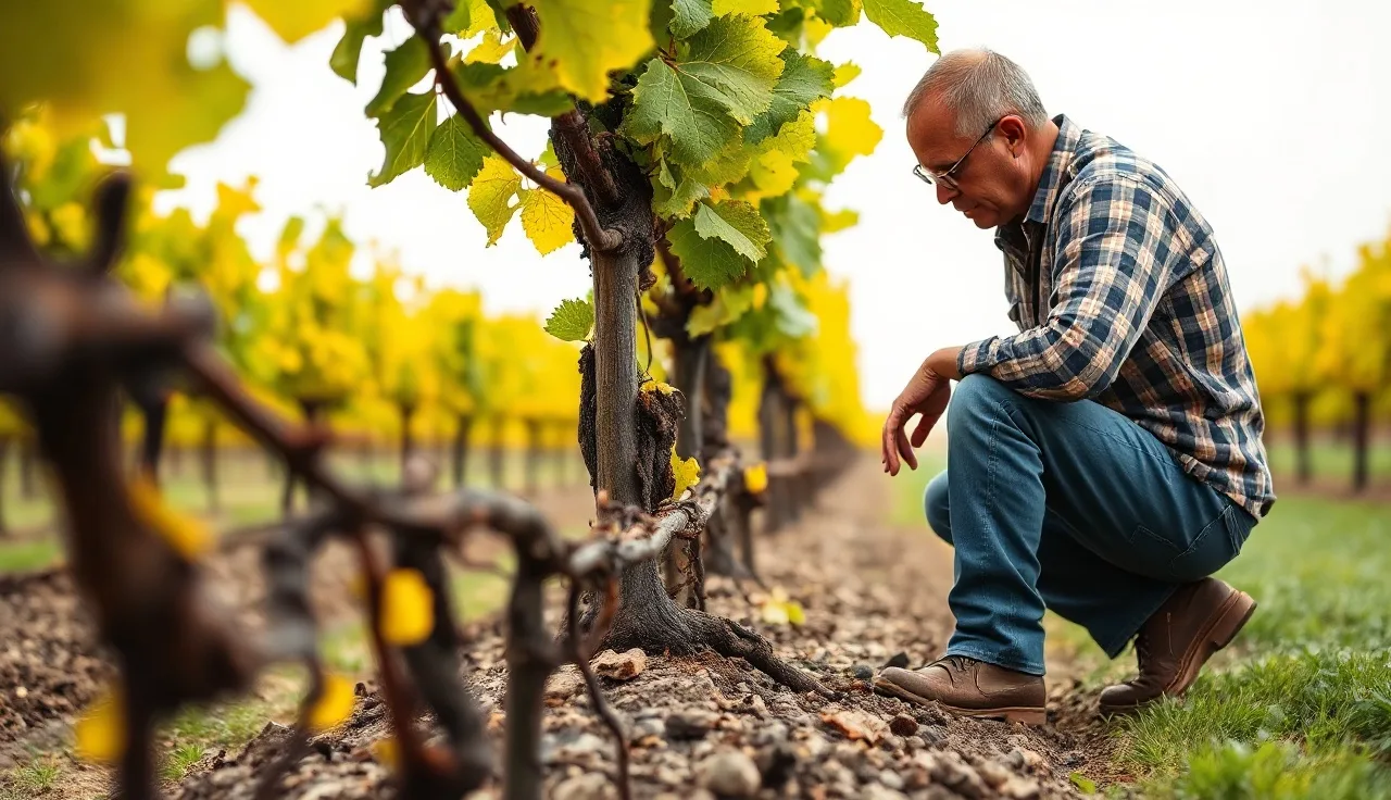 Vineyard worker examining vine roots during a phylloxera block assessment in a vineyard row