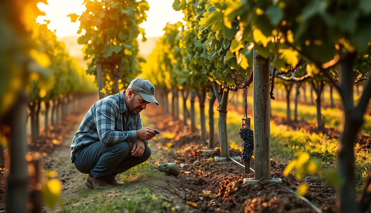 Vineyard manager examining grape clusters during a pre-harvest food safety field inspection