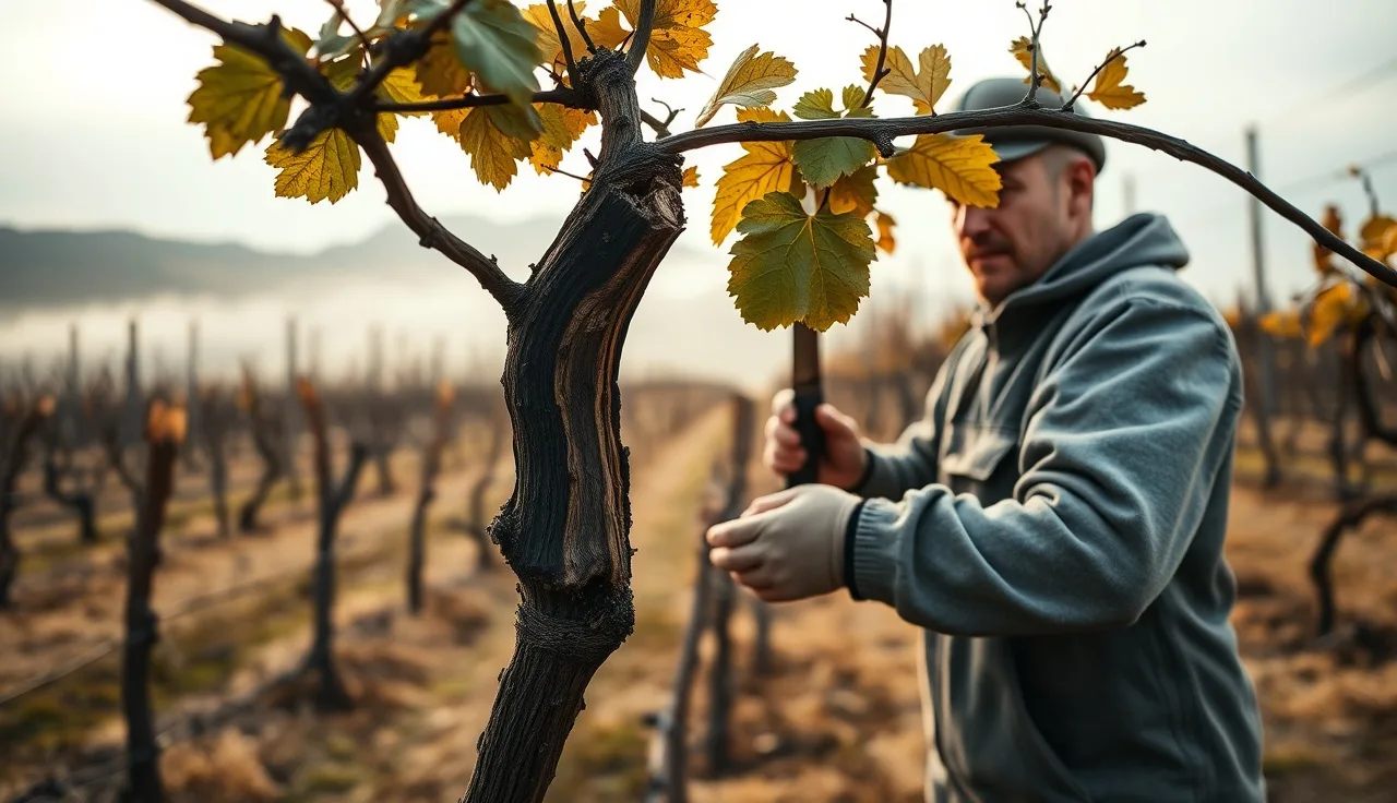 Vineyard worker examining cut cordon for Eutypa disease staining in winter vineyard