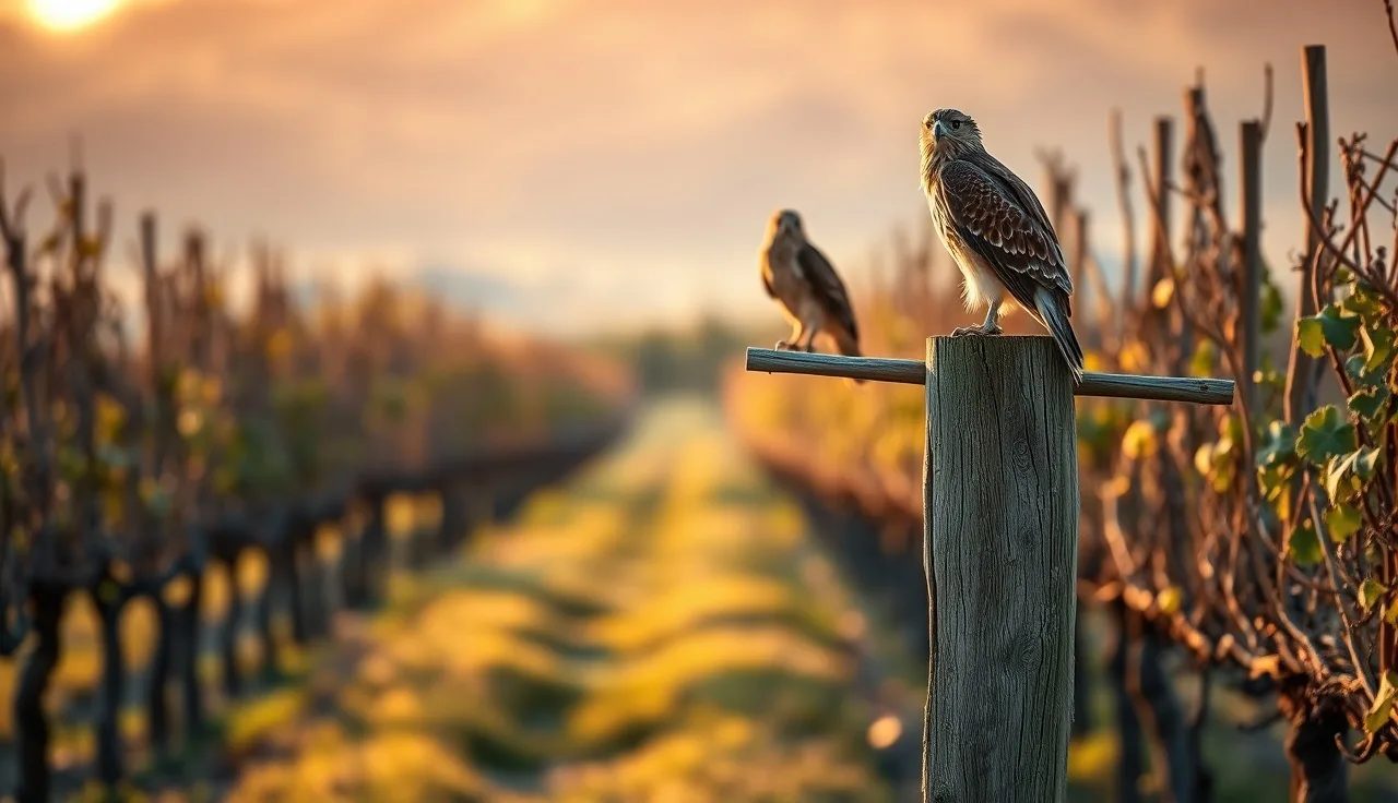 Red-tailed hawk perched on a wooden raptor perch post at the edge of a dormant vineyard