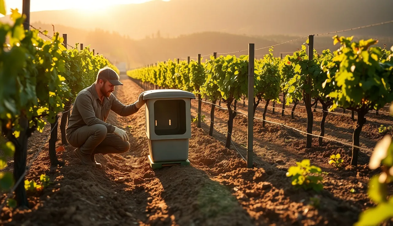 Vineyard worker inspecting a rodenticide bait station between grapevine rows at dawn