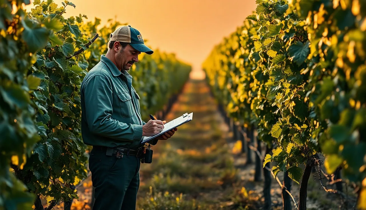 Vineyard manager completing spray application record beside airblast sprayer in vine row