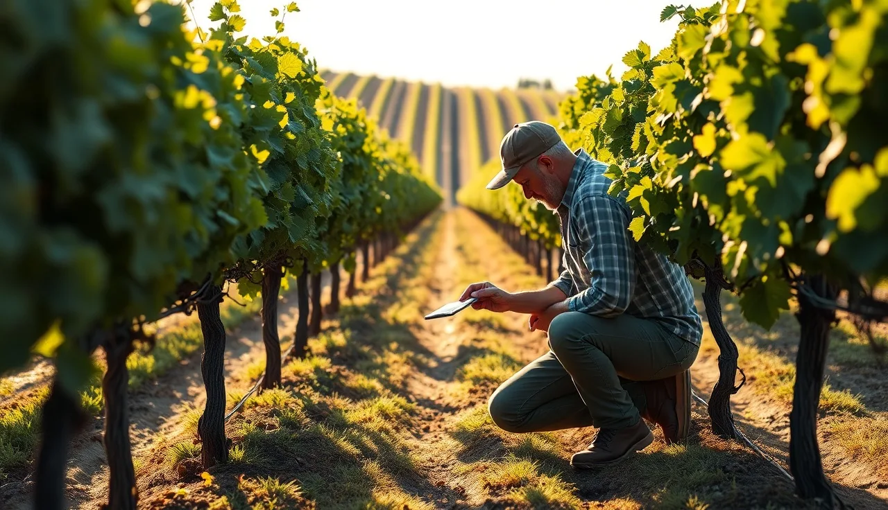Vineyard manager inspecting grapevine leaves while reviewing spray documentation in a vineyard