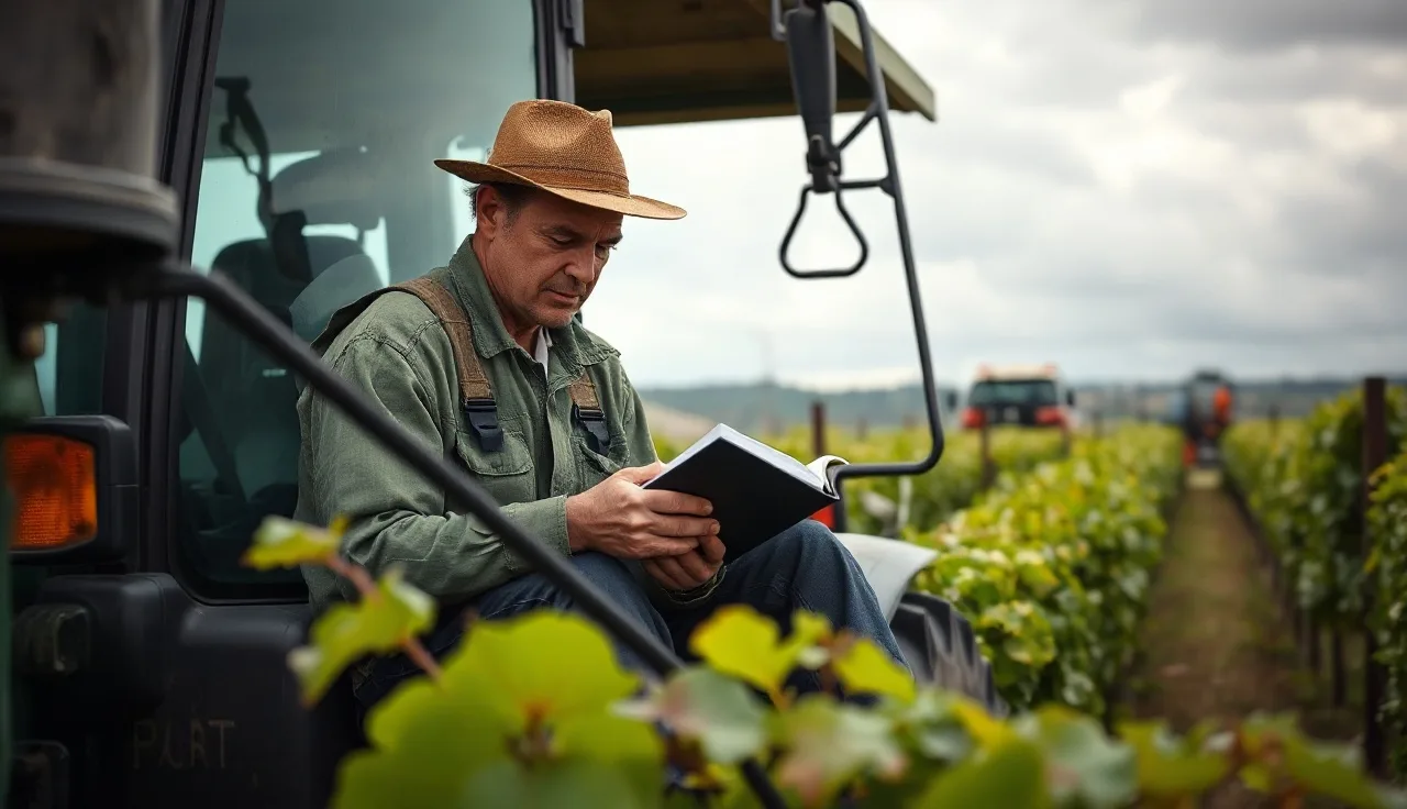 Vineyard worker recording spray mix details in a field notebook beside a tractor