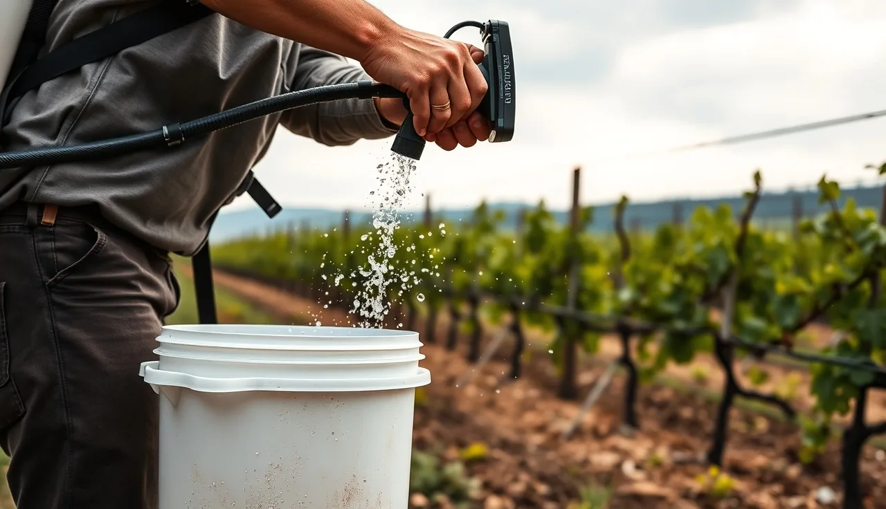 Vineyard applicator rinsing spray nozzles into a bucket after pesticide application between vine rows
