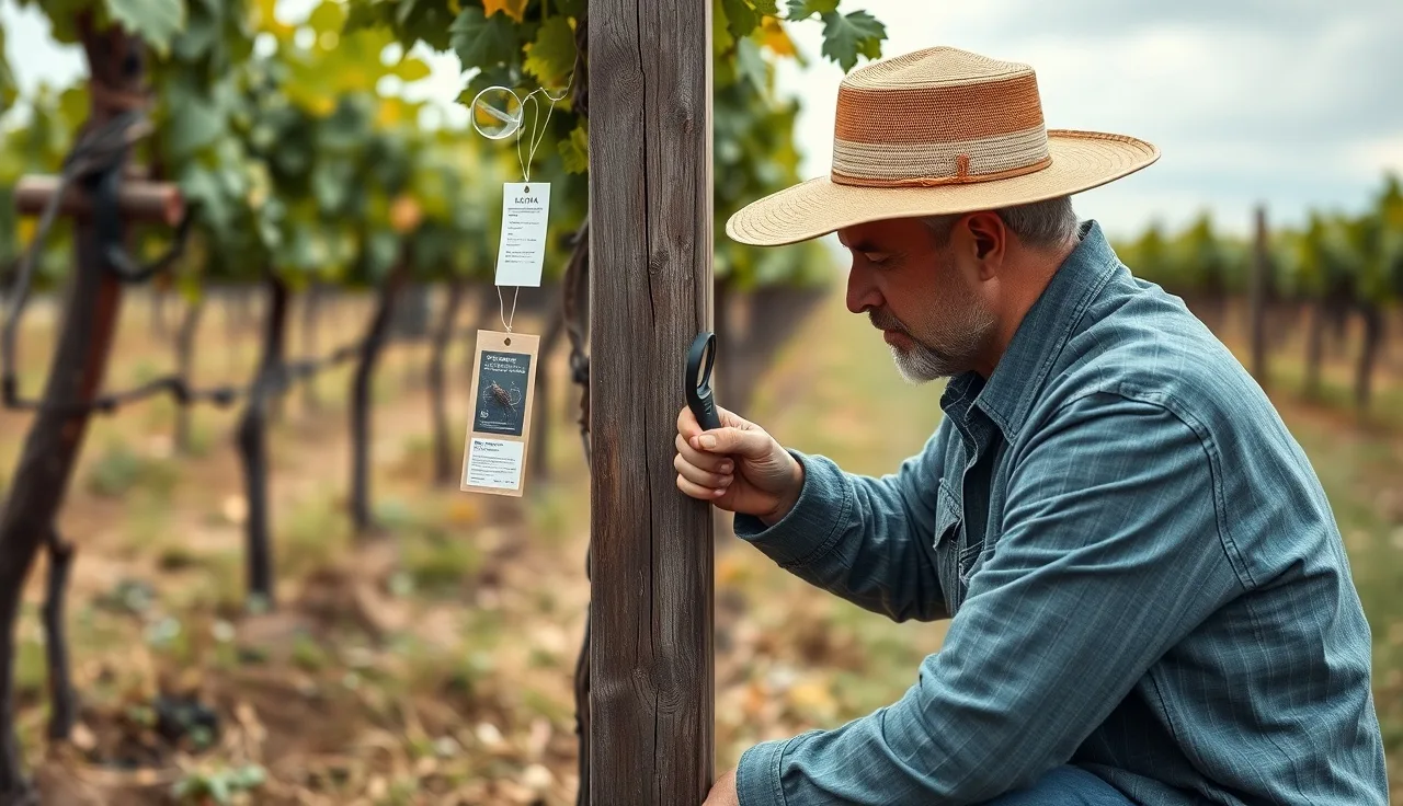 Scout examining a pheromone trap card in a vineyard monitoring network