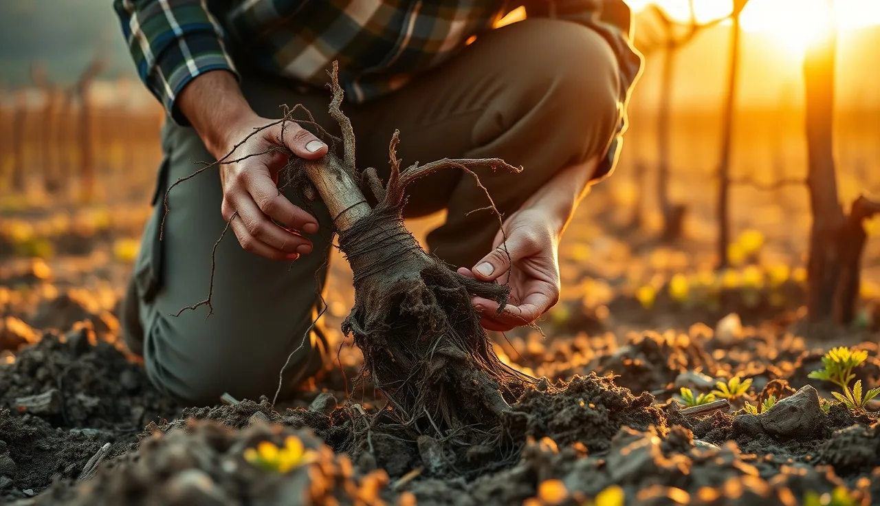 Vineyard worker examining excavated phylloxera-affected rootstock in a removal block