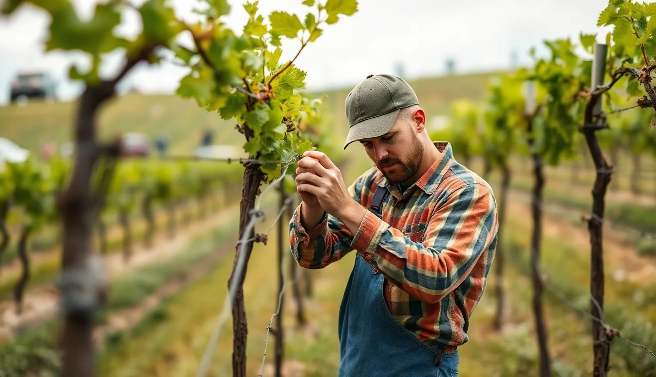 Vineyard worker adjusting trellis wire during spring vine training system conversion