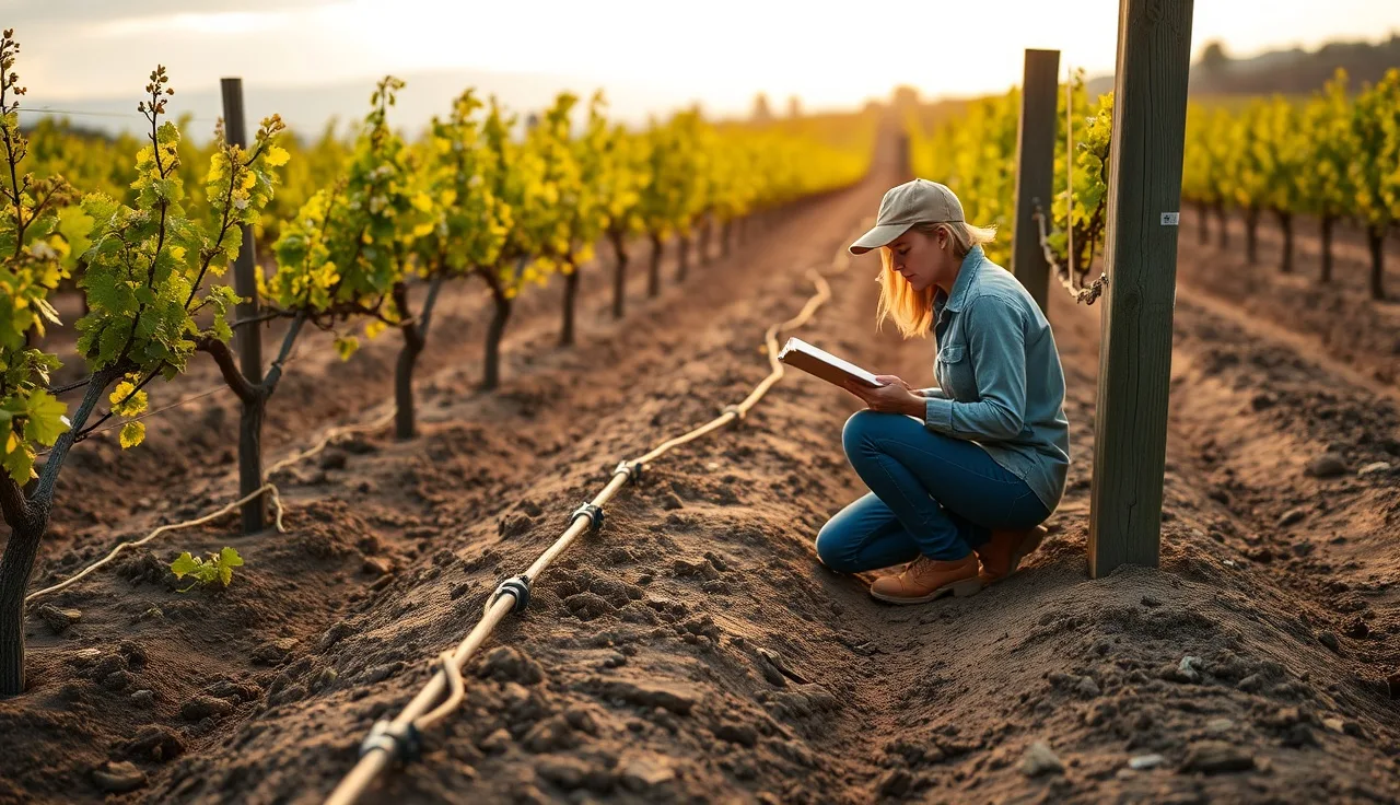 Vineyard manager inspecting drip irrigation line during EQIP practice documentation