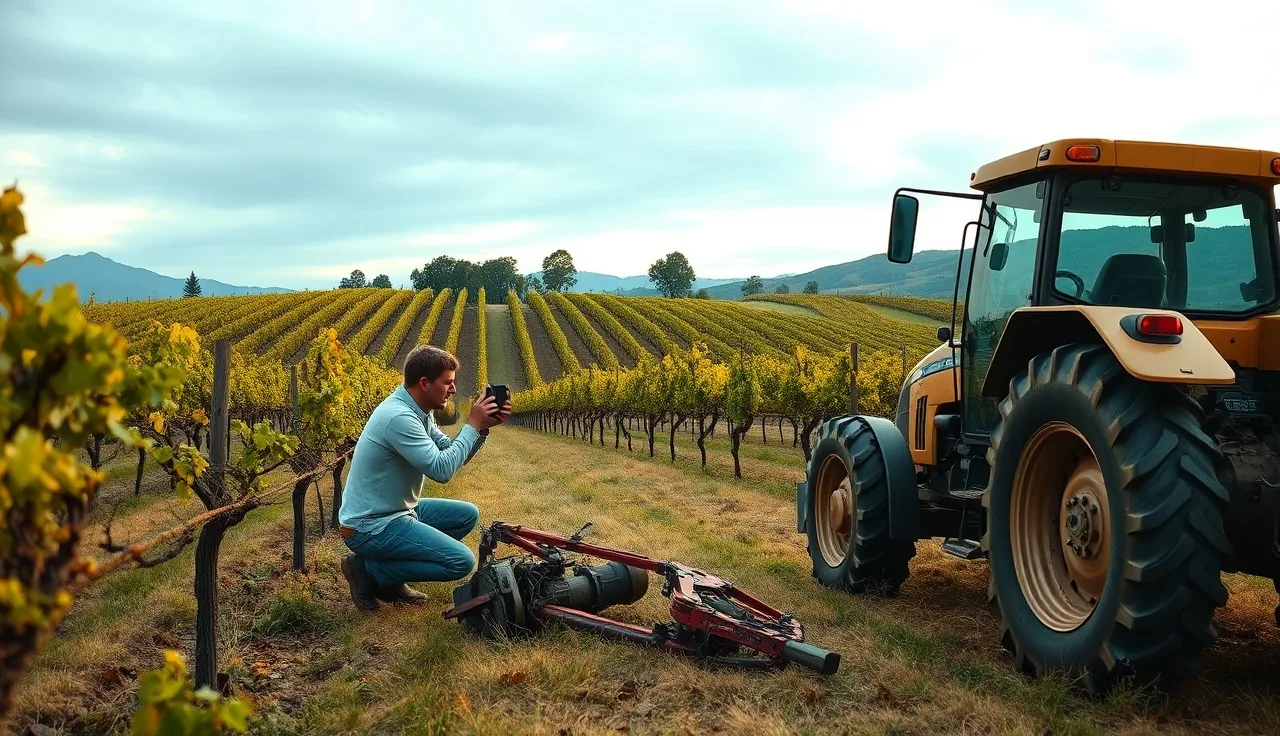 Vineyard worker photographing overturned farm equipment between vine rows after an accident