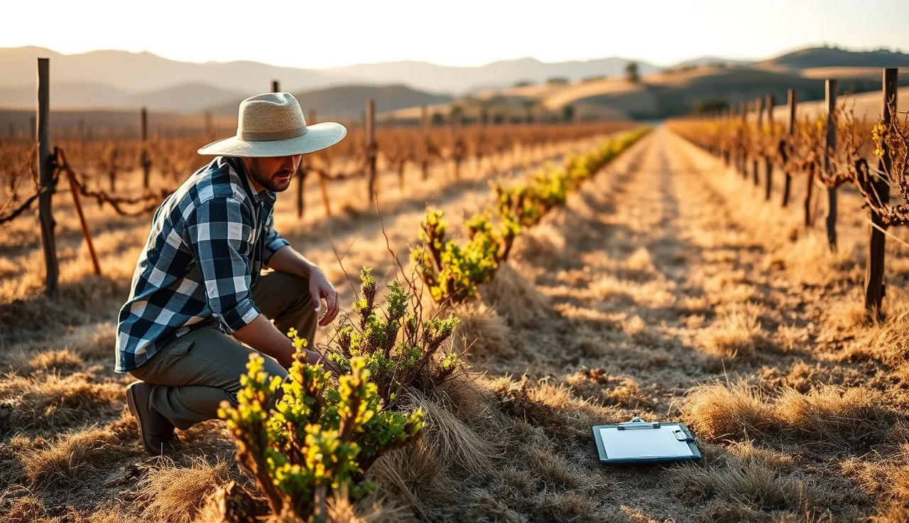 Vineyard worker inspecting a newly planted native hedgerow beside a vine row