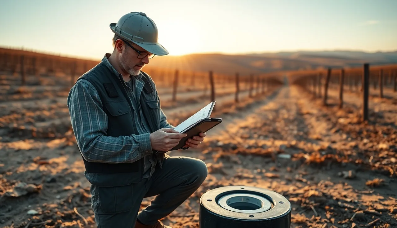 Hydrogeologist measuring well water level in a vineyard development site at dawn