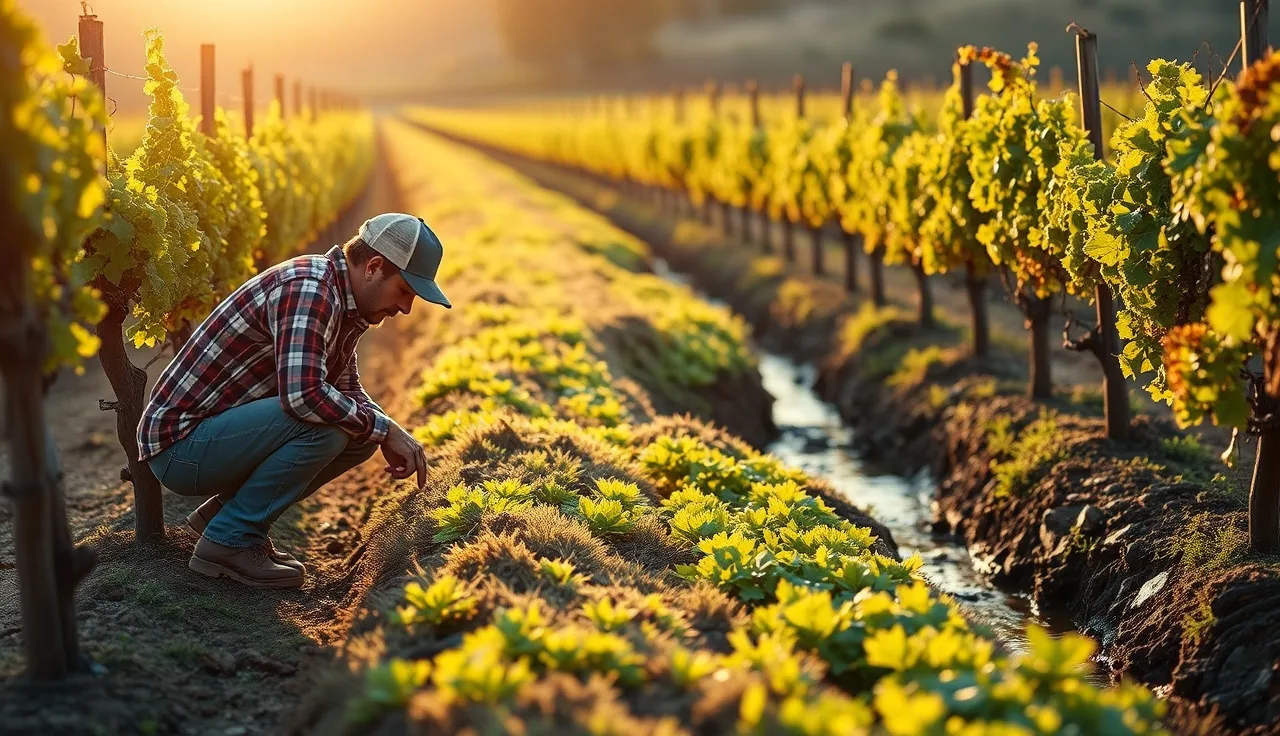 Vineyard manager inspecting a vegetated filter strip beside a creek at golden hour